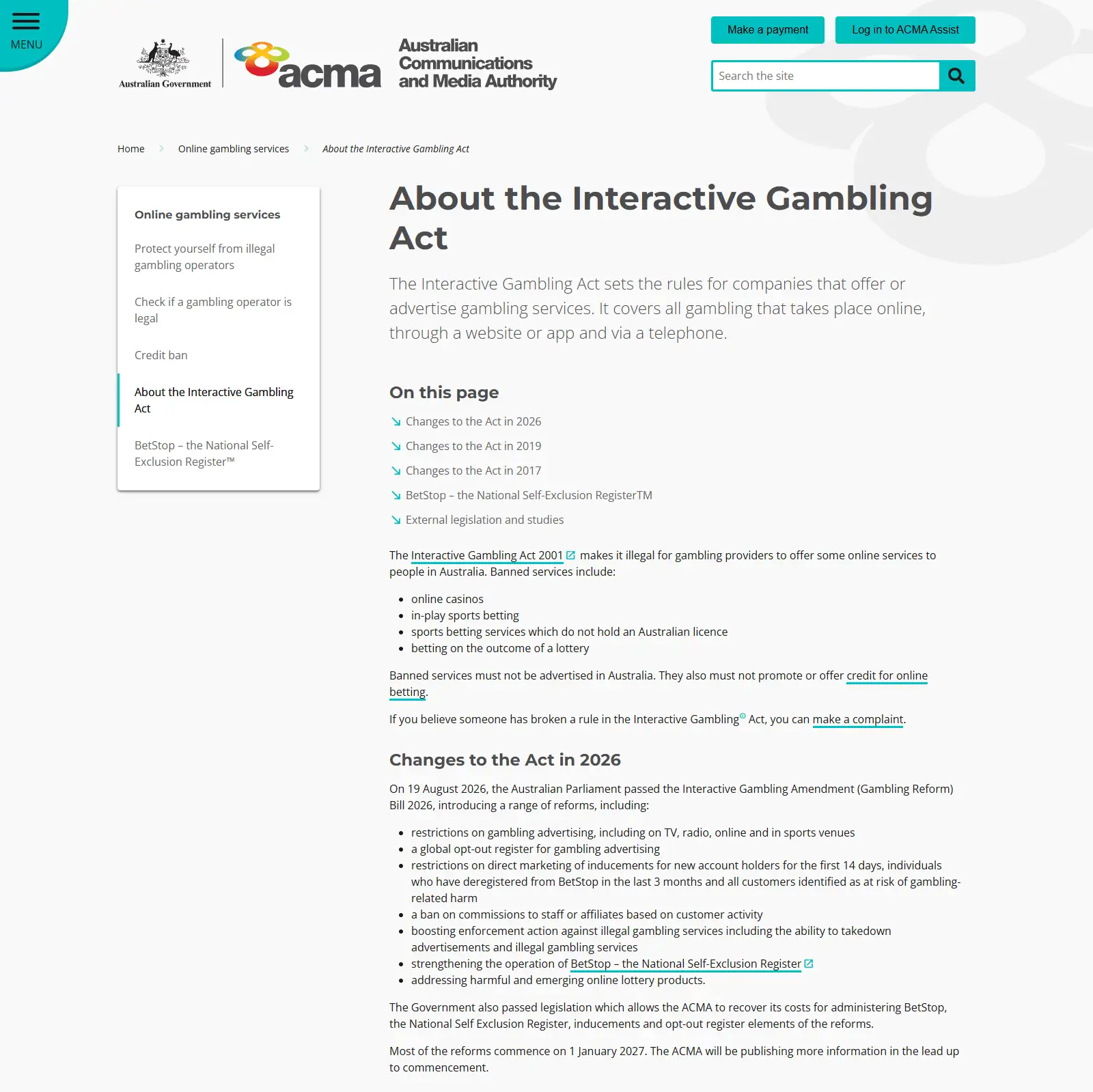 ACMA guidance on online casinos and the 2026 Interactive Gambling Act reforms