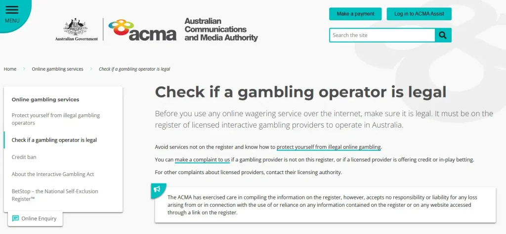 ACMA licensed interactive gambling provider register checked for SpinBond with no matching entry