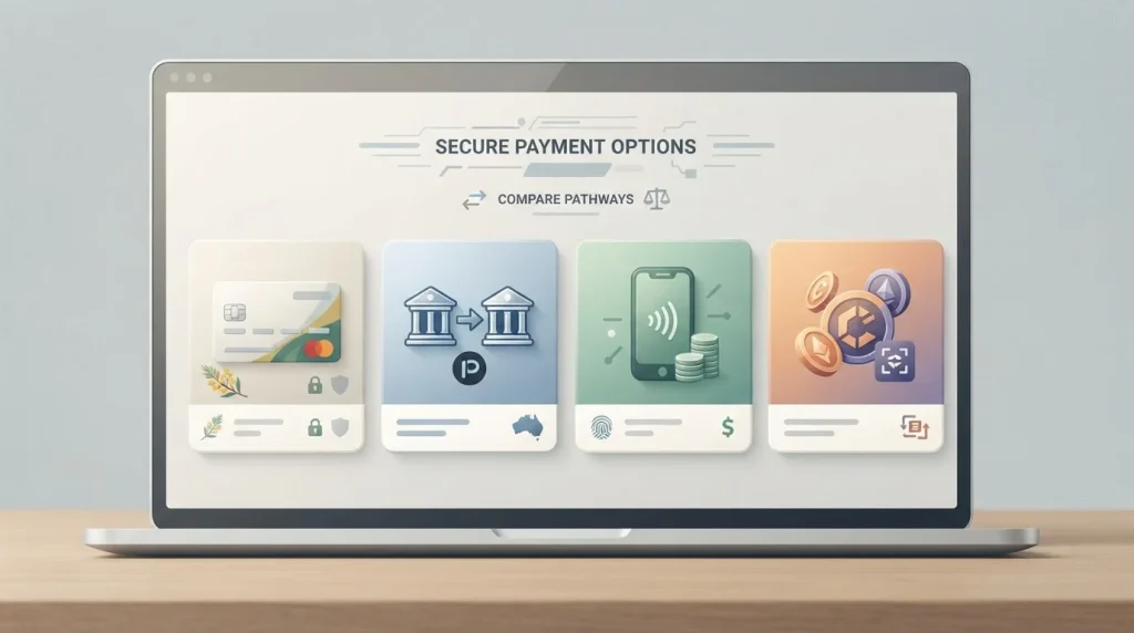 Australian-dollar card, bank transfer, PayID-style and cryptocurrency payment choices
