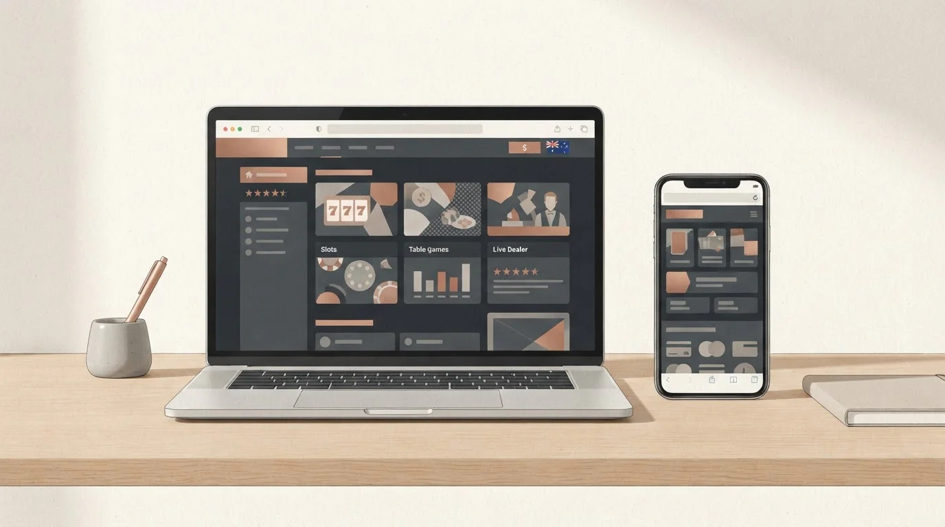 Desktop and mobile browser casino access with AUD payment and game cues