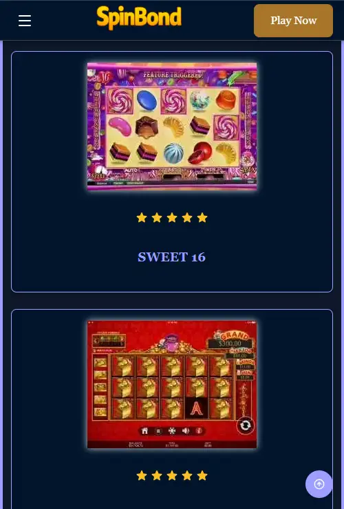 SpinBond casino homepage displayed in a mobile browser on a smartphone-sized screen
