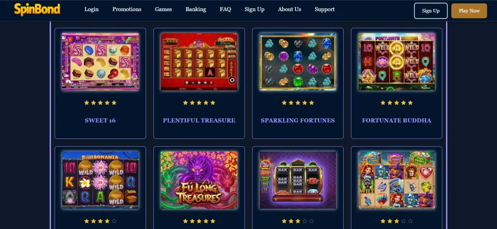 SpinBond game lobby showing representative casino categories and RTG titles
