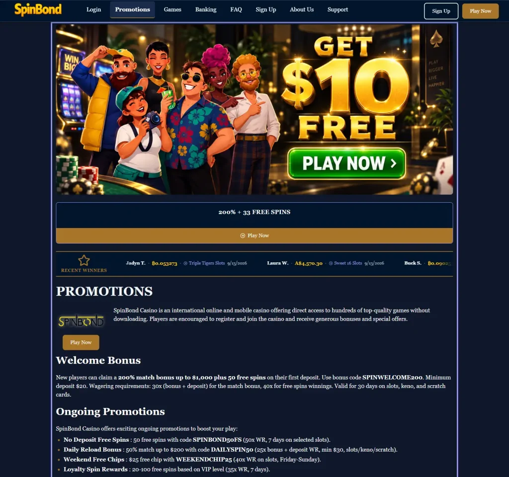 SpinBond promotions page with the current welcome bonus headline and terms