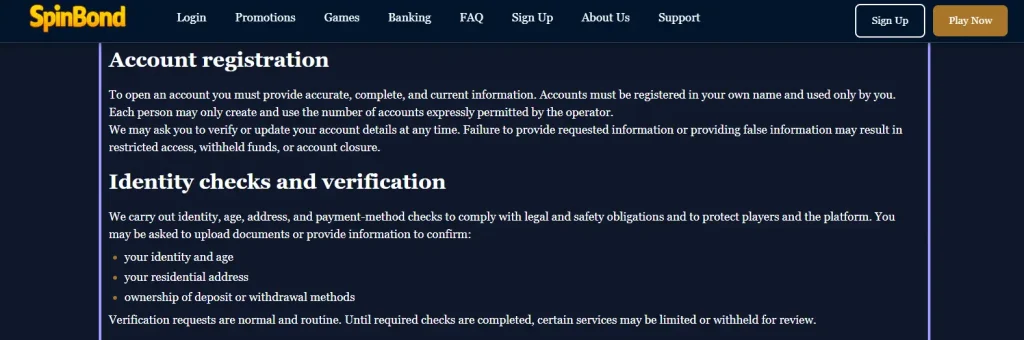 SpinBond Terms and Conditions account registration section displayed in a browser