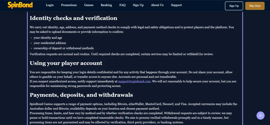 SpinBond terms identity-check section listing identity, address and payment-method verification categories